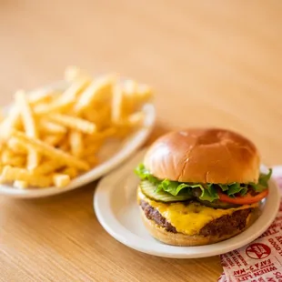 a cheeseburger and french fries