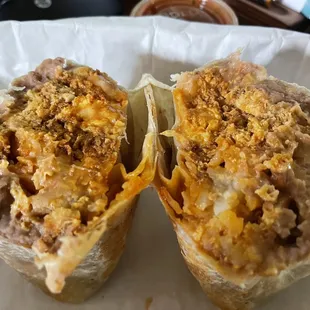 The inside of the chorizo breakfast burrito. LOADED ($5.99+tax)