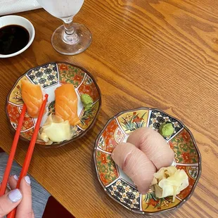 Salmon and yellow tail nigiri