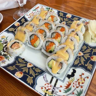 Spicy salmon mani with avocado. Veggie maki