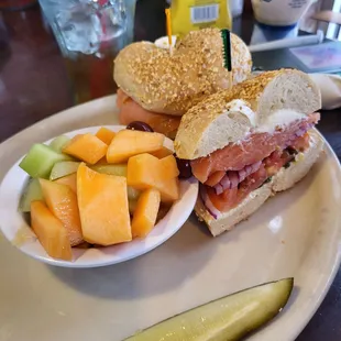 Smoked Salmon on a garlic bagel