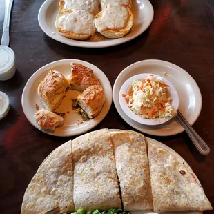 Quesadilla, biscuits and gravy, and bagel.