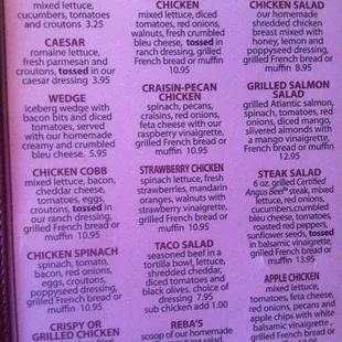 Salad menu