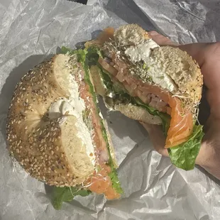 Everything bagel with lox loaded plus sprouts