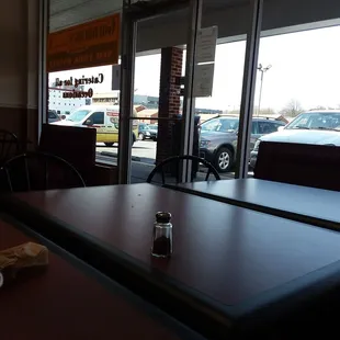 View from inside out to parking lot with loads of spaces