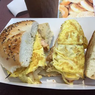 Eggs, lox &amp; onion on everything bagel.