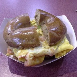 Egg, lox, onion on pumpernickel