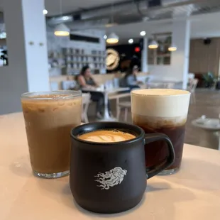 Latte, iced latte and cold brew with cold foam