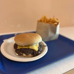 Gold burger  with curly fries