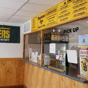a view of a restaurant counter