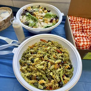 Chicken salad with dressing and delicious pasta salad.