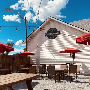 tables and umbrellas outside