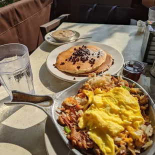 skillet w. chocolate chip pancakes and gravy