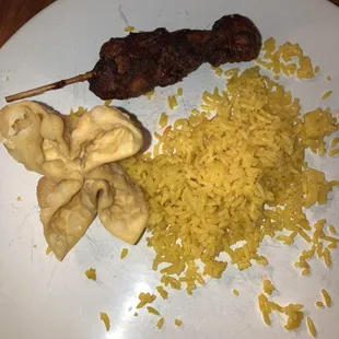 Chicken teriyaki , crab Rangoon , rice.