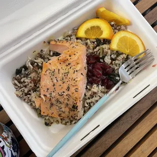 a meal in a styrofoam container