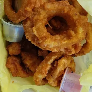 9 piece bites (white meat) double side of onion rings w/biscuit