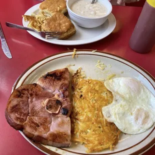 1/2 ham steak breakfast with biscuits and gravy