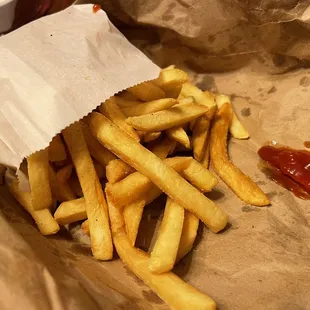 French Fries: crispy and soft, well-cooked and of the fresh frozen fry variety.