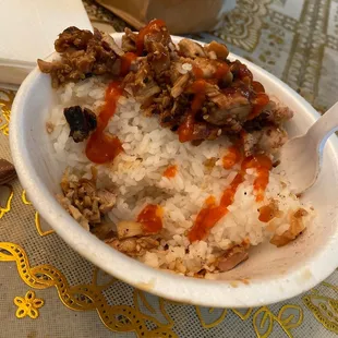 Chicken bowl more rice than chicken. And this was half eaten.