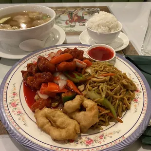 #1 Combination Plate with wonton soup and steamed rice