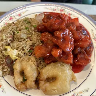 Combo #1 sweet and sour pork, fried prawns and substitute of pork fried rice