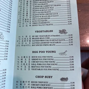 Menu as of July 2022