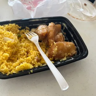 C44. Coconut Chicken Combo Plate suppose to have shrimp added, no shrimp