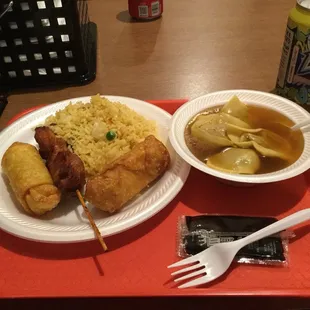 a plate of food on a red tray