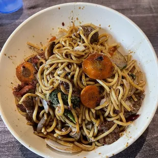 Lo Mein noodles with beef, veggies and Mongolian sauce.