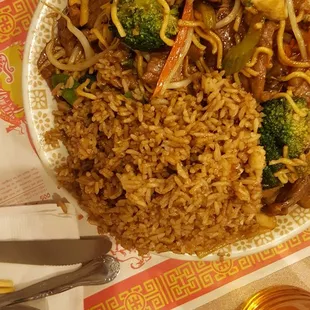 Beef and vegetable chow mein noodles, the combination also came with fried rice.