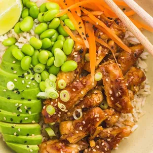 Teriyaki chicken bowl with avocado, a little bit of green onions