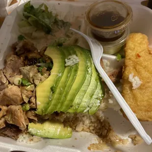 Fish and chicken teriyaki with avocado