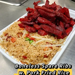 a plate of food with meat and rice