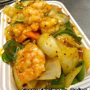 shrimp and vegetables in a curry sauce