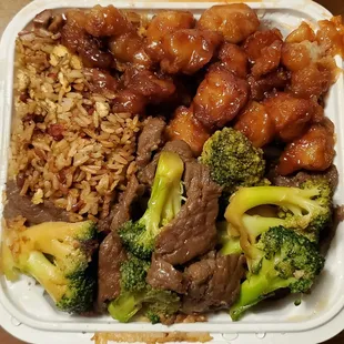 Combination Plate: Sweet and Sour Pork, Pork Fried Rice, Broccoli with Beef