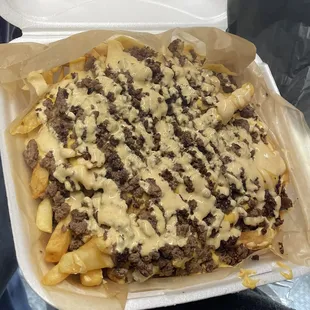 a tray of fries covered in cheese