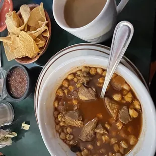 Pozole, chips and salsa