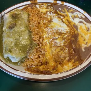 Chili verde burrito cheese enchilada with rice and beans lunch special