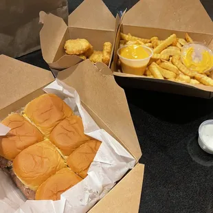 Beyond meat sliders, fries (with cheese on the side) and nuggets. So