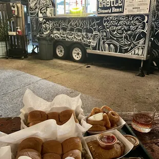sliders + onion rings + pizza puff