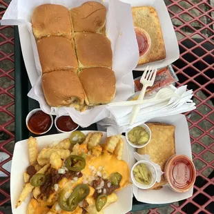 Sliders, chilli cheese fries and pizza puffs