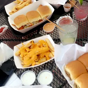 Beef and chicken sliders, cheese fries