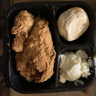 2 piece chicken, Mashed potatoes and gravy Received 2 chicken, biscuit and mashed potatoes, no gravy