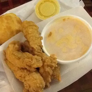 went off of the reviews and got Fried Chicken Tenders  and mac and cheese, with homemade bisquit....GREAT