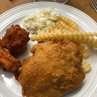 Buffalo wings, chicken, cole slaw and fries