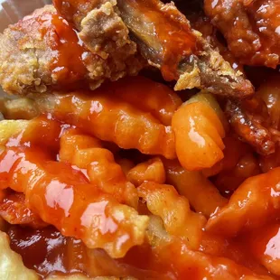 Saltpepperketchupmumbosaucehotsauce on the fries