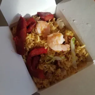 Shrimp fried rice has a lot of shrimp, cabbage, boneless pork and chicken.