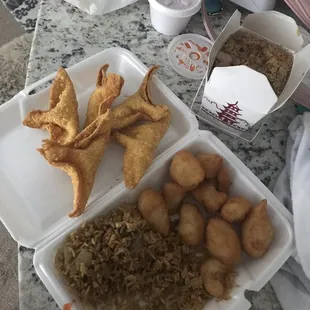 a tray of fried food and a bag of rice