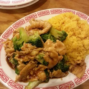 Chicken and broccoli with plain fried rice.