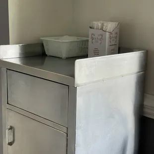 a metal cabinet with a bowl on top